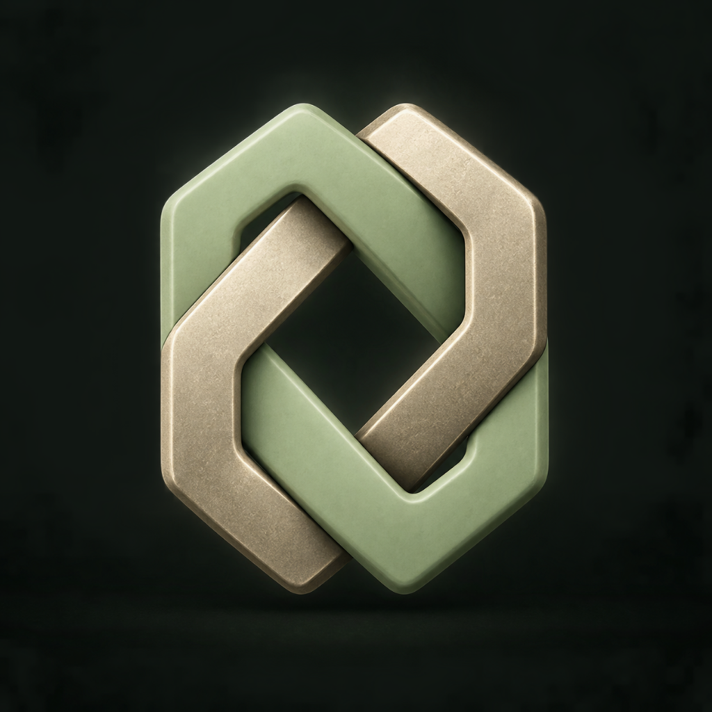 Two sculpted links in sage green and brass, joined together